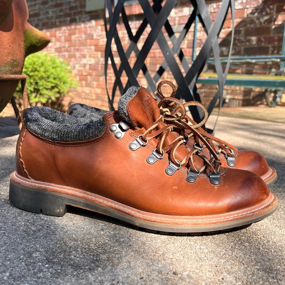 Men’s OluKai Mauna Lalo Brown Leather Hiking Boots Shoes Wool Collar 9.5